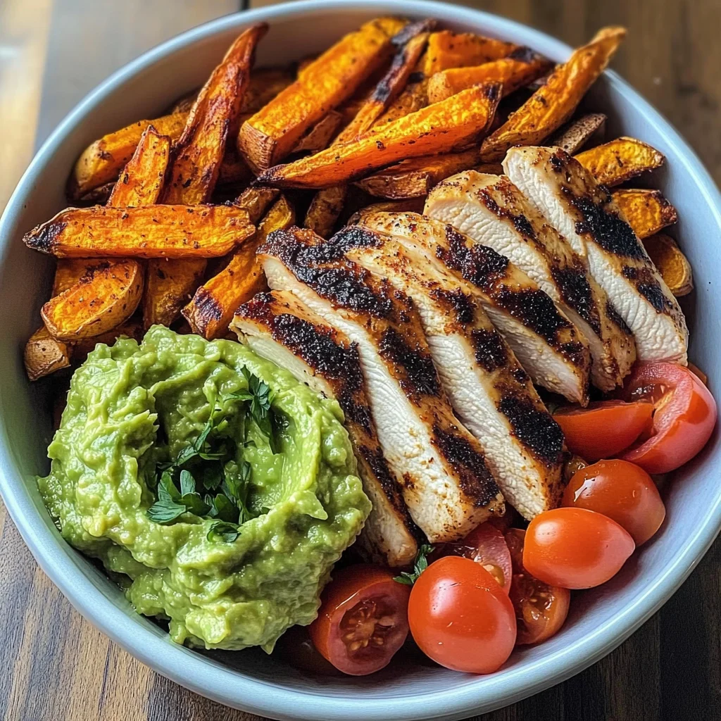 Grilled Chicken Power Bowl with Sweet Potato Fries & Fresh Guac