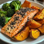 Sesame Glazed Salmon with Sweet Potato Wedges & Broccoli