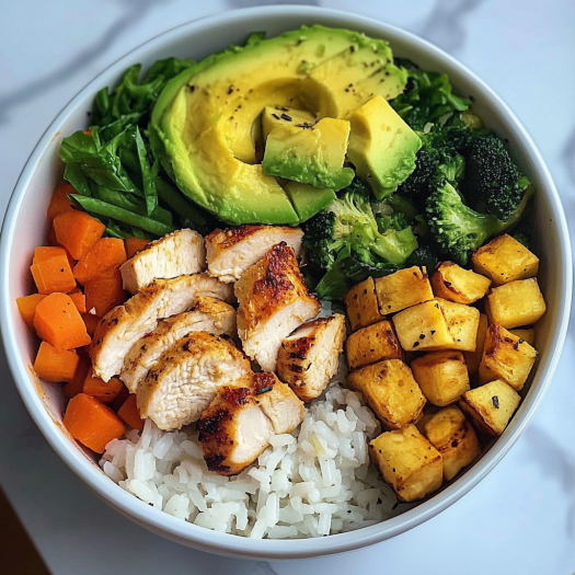 Chicken, Rice & Veggie Bowl with Avocado