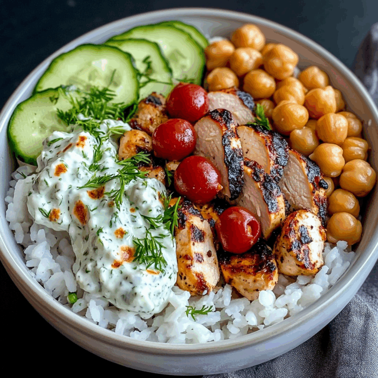 Mediterranean Grilled Chicken Bowl with Rice, Chickpeas & Tzatziki