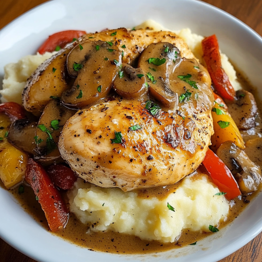 Pan-Seared Chicken with Pepper & Mushroom Gravy and Creamy Mashed Potatoes